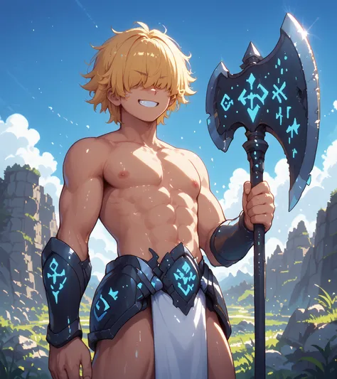 score_9, score_8_up, score_7_up, source_anime, solo, pixel art, 1boy, solo, adult man, runeaxe BREAK
Messy hair, handsome, blond hair, (yellow hair), messy hair, hair covered eyes BREAK
Topless male, pelvic curtain BREAK
Standing, front view, smirk, ...