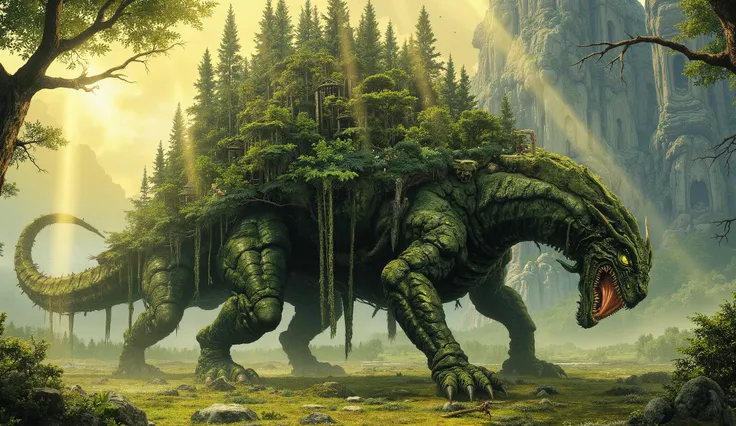 A breathtaking, panoramic, high-fantasy digital illustration. A colossal, mountain-sized ancient dragon carries a vibrant, living forest on its back. The dragon's entire body fills the frame as it crawls slowly across the land on its four gigantic limbs. I...