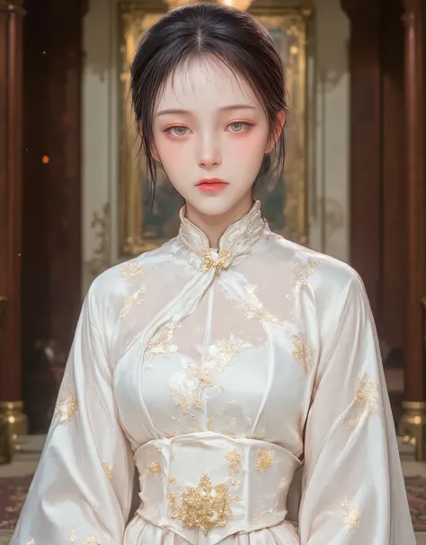 A woman in a white dress and tiable is posing for a picture, palace, a girl in hanfu, in victorian aristocrat, intricate victorian dress, a beautiful empress, wearing an ornate outfit, wearing victorian clothes, aristocratic clothing, lovely languid prince...
