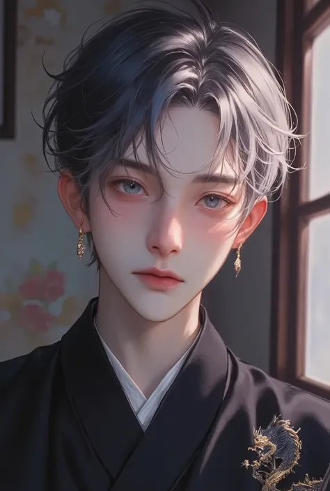 medium hair, Straight, 1 Handsome male, Flawless face, ((Two-colour Hair : black-Silver)), Amber Prismatic Eyes, Hanafuda Earring, black kimono with japanese pattern, chest, handsome, dragon tattoo, standing, smile, Background japanese room, anime Style