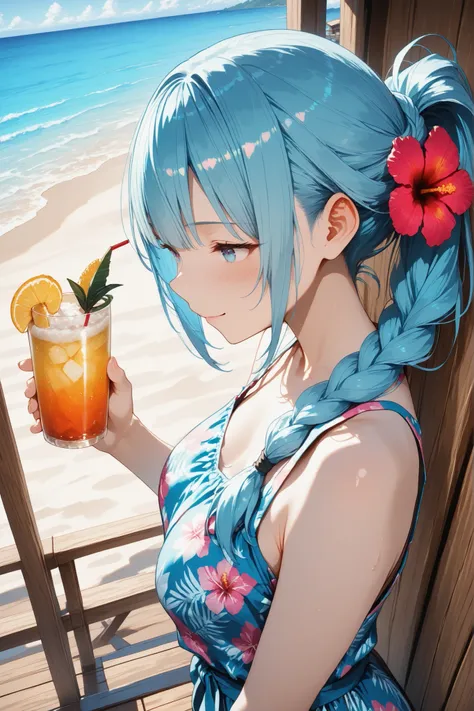 1girl,trk, hair tied in a casual side braid, wearing a sleeveless Hawaiian print top with hibiscus flowers, leaning against a surf shack with tiki decorations, holding drink,cold pineapple drink, ocean breeze, catching her hair, leis hanging nearby, BREAK,...