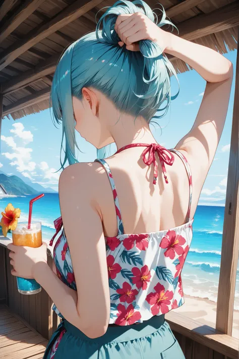 1girl,trk, hair tied in a casual side braid, wearing a sleeveless Hawaiian print top with hibiscus flowers, leaning against a surf shack with tiki decorations, holding drink,cold pineapple drink, ocean breeze, catching her hair, leis hanging nearby, BREAK,...