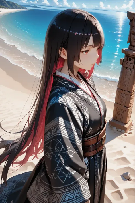 1girl,trk,, wrap, patterned clothes, traditional clothes, belt, standing, hair in wind, serene, contemplative, hongi, cultural interaction, solo, BREAK, black sand, beach, ocean, carved totem, wooden totem, new zealand, outdoors, BREAK, upper body, from ab...