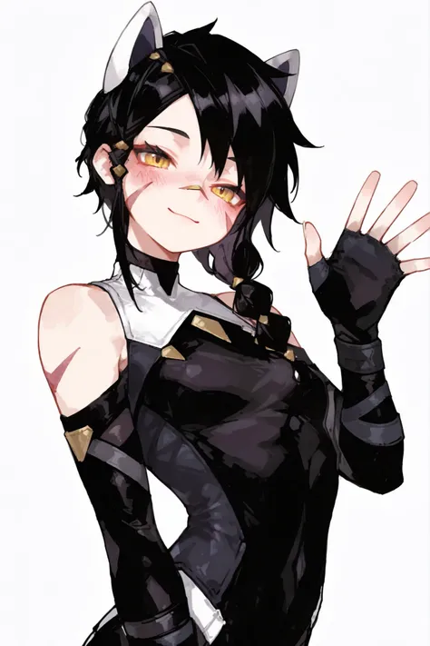 1girl, Solo, Erisafn, black hair, braid, yellow eyes, bandaid on nose, scar on face, white animal ears, black bodysuit, fingerless gloves, bare shoulders, thighhighs, standing, back arched slightly, waving with her hands, smiling up at viewer, eyes closed,...