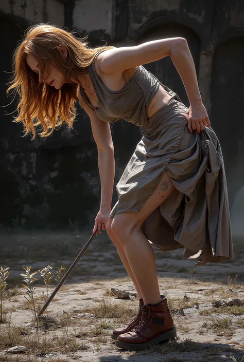 Best quality, (highly detailed CG 8k wallpaper) (Best quality), (best photo), (masterpiece), redhead thin skinny 59 year old woman wearing an outgrown small skirt dropped her pencil and is bending over to pick it up, cave in sassi_di_matera, perfect face d...