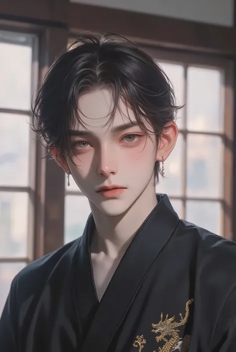 medium hair, Shoulder-Length Hair, Straight, 1 Handsome male, Flawless face, ((Two-colour Hair : black-Silver)), Amber Prismatic Eyes, Hanafuda Earring, black kimono with japanese pattern, chest, handsome, dragon tattoo, standing, smile, Background japanes...
