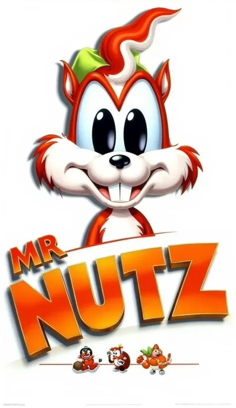 "Mr. Nutz, 8K resolution, ultra-detailed, sharp focus, crisp lines, vivid colors, a cartoon squirrel character with large glossy black oval eyes, defined white snout, two prominent front teeth, orange fur with textured green patch on the head, dynamic cheerful and mischievous expression, title 'MR. NUTZ' in large bold 3D font with gradient orange-yellow metallic finish and drop shadow, narrow decorative strip below with small retro cartoon vignettes, white background with soft gray shading, 1990s cartoon style, high contrast, clean vector-like lines, minimalist depth-of-field background."