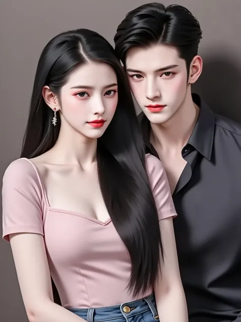 Beautiful girl with round eyes, big nose, famous white skin, with a cute smile, very long hair, very cute, sweet dress, jeans, sweet-dressed cloaks, sits next to a handsome boyfriend, cool, nose famous for dark eyes.