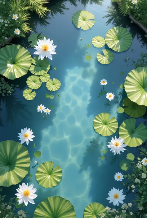 In the pond, Water Light Causality，Top view, garden, Overhead Shot, pond of water ,  shot from above , water lilys, white lotus floating, nature, big lake,