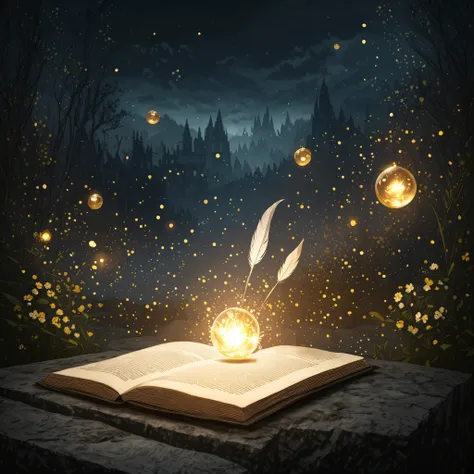a close-up view of a glowing, ancient adventure book opened on a marble pedestal, golden runes floating above the illuminated pages, the camera focused on the intricate text and engravings, a soft white feather quill pen resting at the side, blurred backgr...