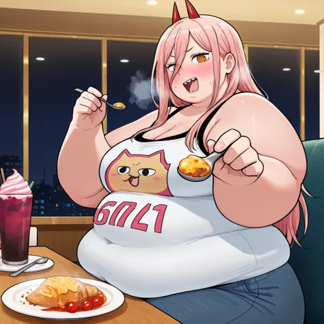 high resolution picture, masterpiece, best quality, amazing quality, official art, solo, 1girl, Power,  from Chainsaw-man, pink hair, long hair, bangs, sidelocks, ringed eyes, yellow eyes,  medium breasts,                 incoming food, spoon, holding, hol...