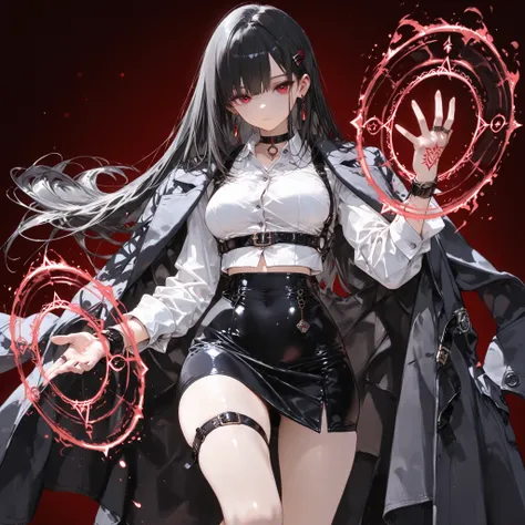 ((best quality)), ((masterpieces)), (detailed), perfect face, SOLO, ((1 girl)), ANIME, beautiful detailed eyes, long hair, long straight hair, black hair, RED EYES, BARE thighs, (((BARE LEG))), ((black tight-fitting Mini office skirt)), (((dress shirt))), ...