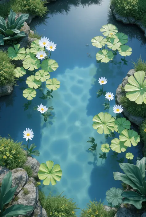 In the pond, Water Light Causality，Top view, garden, Overhead Shot, pond of water ,  shot from above , water lilys, white lotus floating, nature, big lake,