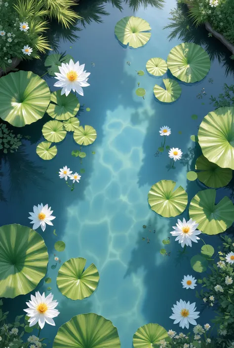 In the pond, Water Light Causality，Top view, garden, Overhead Shot, pond of water ,  shot from above , water lilys, white lotus floating, nature, big lake,