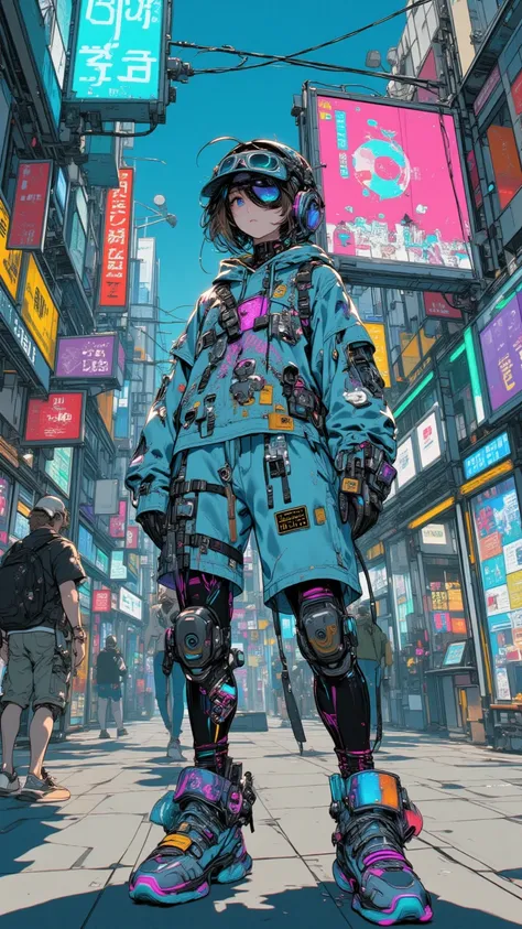 Skater Girl Wearing a Futuristic Technoware Hoodie、Skater Girl Who Leaves a Trail of Fiber Optics, Self-Adjusting Sneakers, Reactive Visor Mask, and、AR Stickers Across Her Outfit, Stands Under a Digital Sign in a Retrofuturistic Urban Mall — Cool Tones, Casual Confidence, Street Vibes and Futuristic Technology Blend