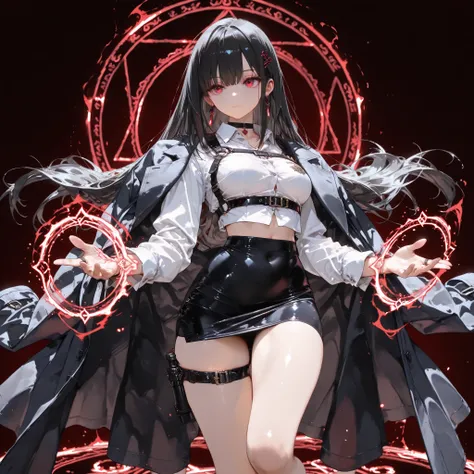 ((best quality)), ((masterpieces)), (detailed), perfect face, SOLO, ((1 girl)), ANIME, beautiful detailed eyes, long hair, long straight hair, black hair, RED EYES, BARE thighs, (((BARE LEG))), ((black tight-fitting Mini office skirt)), (((dress shirt))), ...