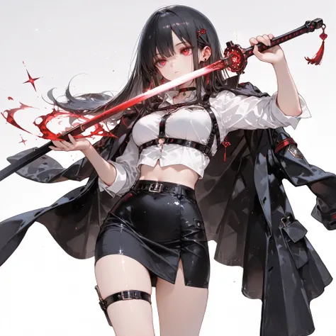 ((best quality)), ((masterpieces)), (detailed), perfect face, SOLO, ((1 girl)), ANIME, beautiful detailed eyes, long hair, long straight hair, black hair, RED EYES, BARE thighs, (((BARE LEG))), ((black tight-fitting Mini office skirt)), (((dress shirt))), ...
