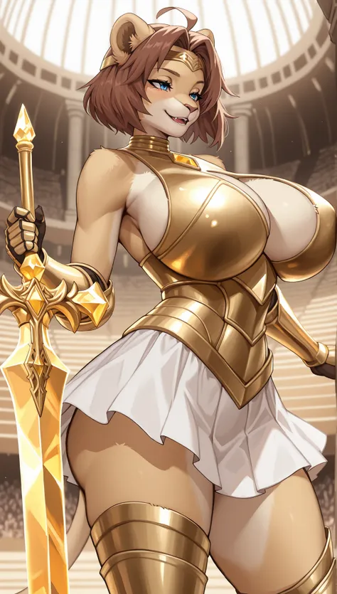 A Female Lion furry,SOLO,Perfect body,Big Oppai,Brown short hair,Wearing a Gold Knight Armor with white skirt(Fullbody),Holding A Gold Crystal Sword with Ruby,Gold headband,Seductive smile,standing position,In the Arena,Cowboy Shot,UHD, anatomically correc...