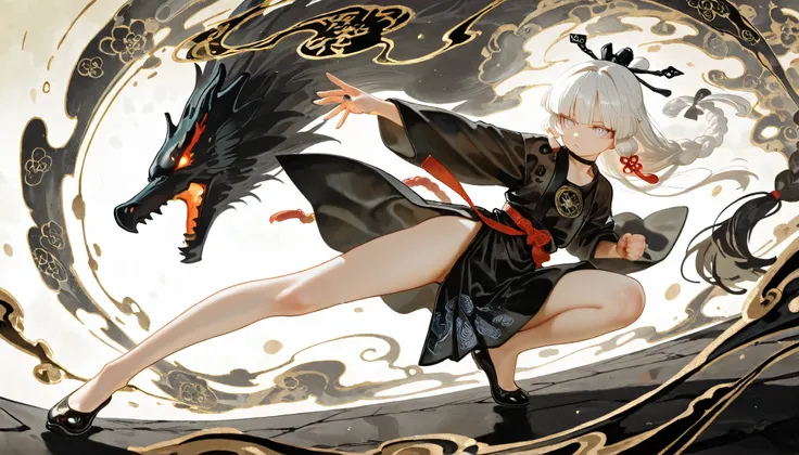 1girl, light lavender eyes, jitome, white Hair, blunt bangs, hime cut, small , black clothes, high waist, long Side slit skirt, Choker, bare legs, foot, black nails, flower pattern, masterpiece, best quality, Perfect details, perfect composition, Perfect f...