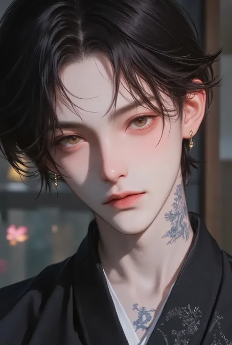 medium hair, Shoulder-Length Hair, Straight, 1 Handsome male, Flawless face, ((Two-colour Hair : black-Silver)), Amber Prismatic Eyes, Hanafuda Earring, black kimono with japanese pattern, chest, handsome, dragon tattoo, standing, smile, Background japanes...