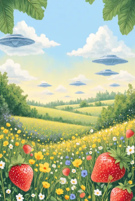 Strawberry with wildflowers, field ,lot of red strawberry, meadow, ufos flying in the distance, colorful, empty centre