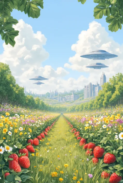 Strawberry field, with wildflowers ,lot of red strawberry, meadow, ufos flying in the distance, colorful, plain centre
