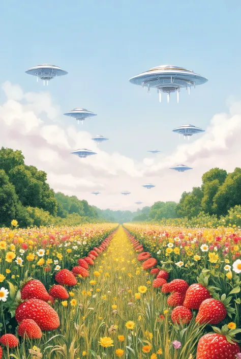 Strawberry field, lot of red strawberry, meadow, ufos flying in the distance, colorful, plain centre