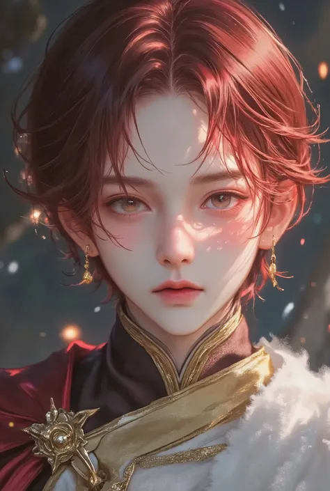 narrative poem, sparkle, particle , growing,Human,SHN'S JOURNEY,1Male, solo, Malaysian Blade of Michela, long hair, Red hair, wavy hair, helmet, helmet over eyes, covered eyes , arm up, Shiny Armor, Gold Armor, Brown Dress, white skirt, bug, cape, Amput...