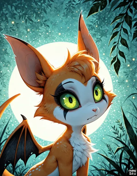 masterpiece, best quality, very aesthetic, 1girl,, solo, furry, fidget \(elysian tail\), nimbat, fidget_daet, anthro, furry female, wings, tail, green eyes, colored sclera, bat wings, facial markings, orange fur, white fur, two-tone fur,membranous wings, f...