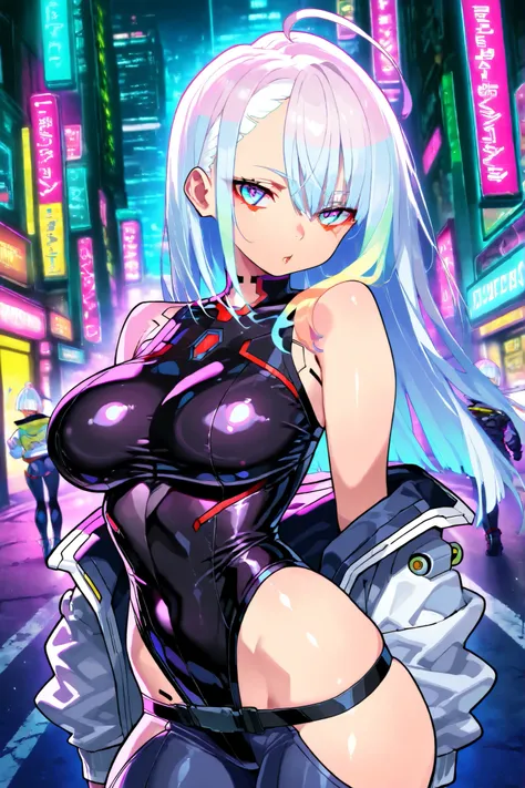 Adult-girl, in pose action, Lucy from Cyberpunk  2077, edge runners,lightblue eyes, silver hair, blows, hair between eyes, shorrt multicolor hair, , (Ahoge), straight bangs, hair between eyes,),  Body suit, big breast, Futuristic Cyberpunk Tokyo , street, ...