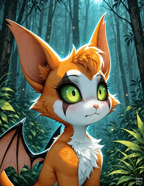 masterpiece, best quality, very aesthetic, 1girl,, solo, furry, fidget \(elysian tail\), nimbat, fidget_daet, anthro, furry female, wings, tail, green eyes, colored sclera, bat wings, facial markings, orange fur, white fur, two-tone fur,membranous wings, f...