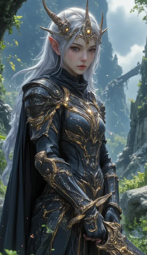 a fierce immortal elf woman, inspired by Frieren from Frieren: Beyond Journey’s End, wearing ornate and battle-worn Warhammer 40K-style power armor with glowing runes, long silver braided hair, elven crown fused with mechanical gothic headgear, cold and co...
