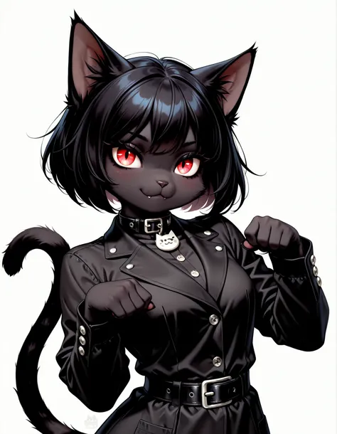 masterpiece, best quality, very aesthetic, 1girl, solo, white background, looking at viewer, portrait, paw pose, :3, furry female, cat girl, animal ears, black hair, short hair, black skin, red eyes, cat tail, black jacket, buttons, long sleeves, black bel...