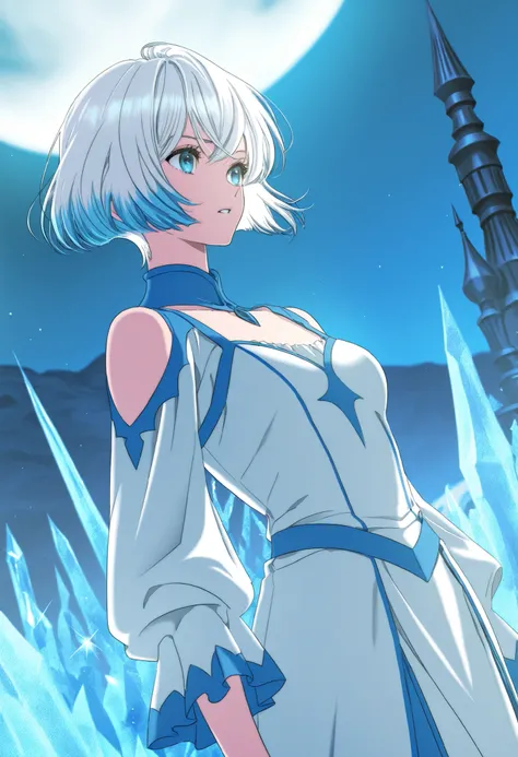 score_9 , score_8_up , score_7_up, solo, 1girl, Amy Karmis, short hair, blue eyes, white hair with blue tips, white dress with blue trim, fantasy style, rpg style, fantasy mage dress, queen, ice mage, coboy shot, dutch angle, in a whitecastle, night