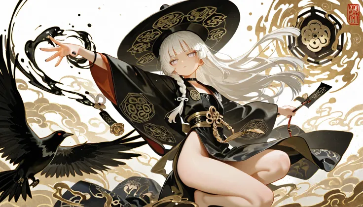 1girl, light lavender eyes, jitome, white Hair, blunt bangs, hime cut, small chest, big hat, black clothes, high waist, long Side slit skirt, Choker, bare legs, foot, black nails, flower pattern, masterpiece, best quality, Perfect details, perfect composit...