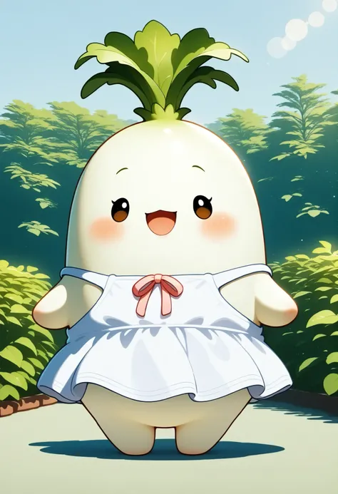 Daikon Girl, cute daikon anthropomorphic character, DAIKON、cute appearance,huge daikon body,White Dress,Ribbon Accessory,Female figure,A big smile,graceful standing posture,vegetable garden background,the sunlight is soft,4K Hi-Res,realistic texture,animat...