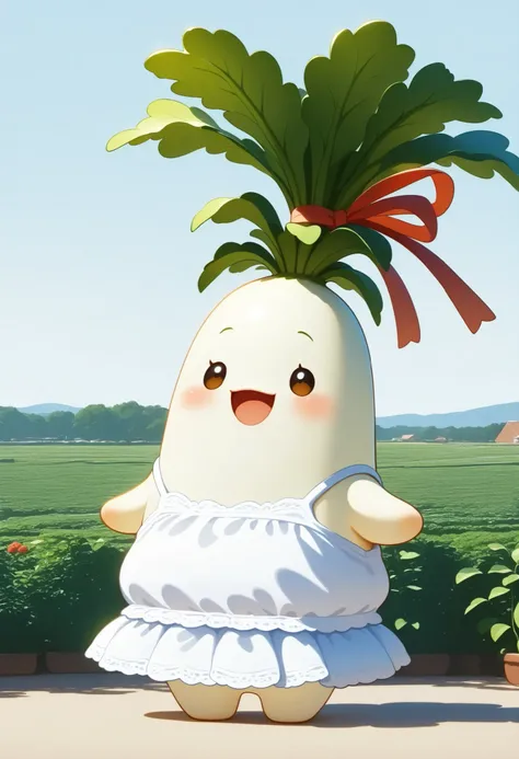 Daikon Girl, cute daikon anthropomorphic character, DAIKON、cute appearance,huge daikon body,White Dress,Ribbon Accessory,Female figure,A big smile,graceful standing posture,vegetable garden background,the sunlight is soft,4K Hi-Res,realistic texture,animat...
