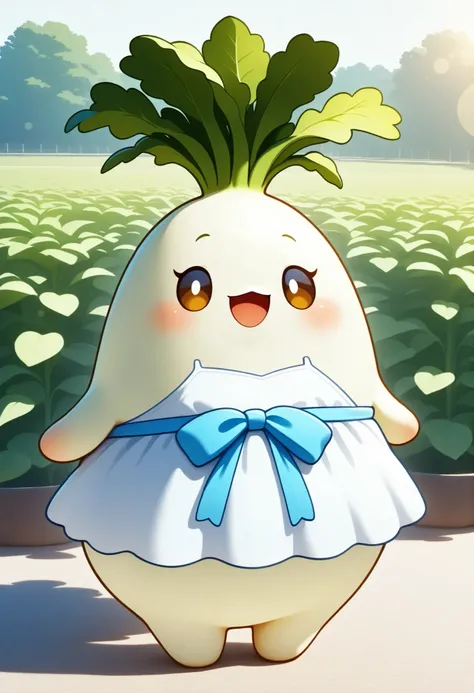 Daikon Girl, cute daikon anthropomorphic character, DAIKON、cute appearance,huge daikon body,White Dress,Ribbon Accessory,Female figure,A big smile,graceful standing posture,vegetable garden background,the sunlight is soft,4K Hi-Res,realistic texture,animat...