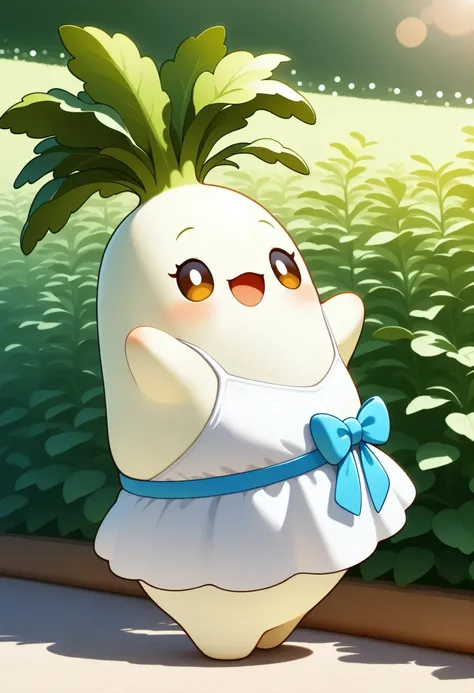 Daikon Girl, cute daikon anthropomorphic character, DAIKON、cute appearance,huge daikon body,White Dress,Ribbon Accessory,Female figure,A big smile,graceful standing posture,vegetable garden background,the sunlight is soft,4K Hi-Res,realistic texture,animat...
