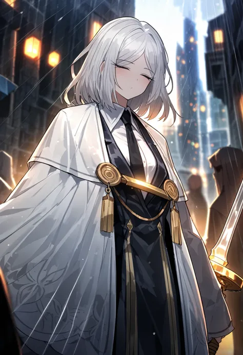 1 person, girl, womanhood, Silver Hair, unruly hair,  bangs, index finger messenger costume, black tie, white shirt,  blazer ，White cloak, Close your eyes, Closeup,  solo, high resolution, Masterpiece,  detailed, outdoor,rain，loose fit costume, Leisure ，Fa...