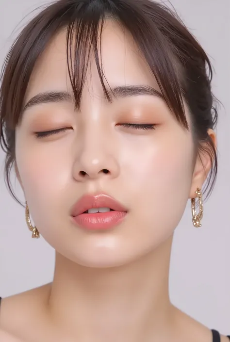 ultra-high-resolution, ultra-realistic close-up portrait of an adorably cute girl, from collarbone up, soft white studio background, perfect studio lighting, 35-degree top-down camera angle, head and body facing forward, chin tilted upward slightly as if s...