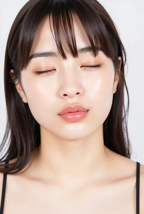 ultra-high-resolution, ultra-realistic close-up portrait of an adorably cute girl, from collarbone up, soft white studio background, perfect studio lighting, 35-degree top-down camera angle, head and body facing forward, chin tilted upward slightly as if s...