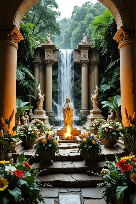 ((A statue of a radish is in the center of the square:1.3)), around the virtual image of the radish, beautiful women from the village who worship the radish as a god are praying, torches are burning, in the background is a dense jungle and a magnificent wa...