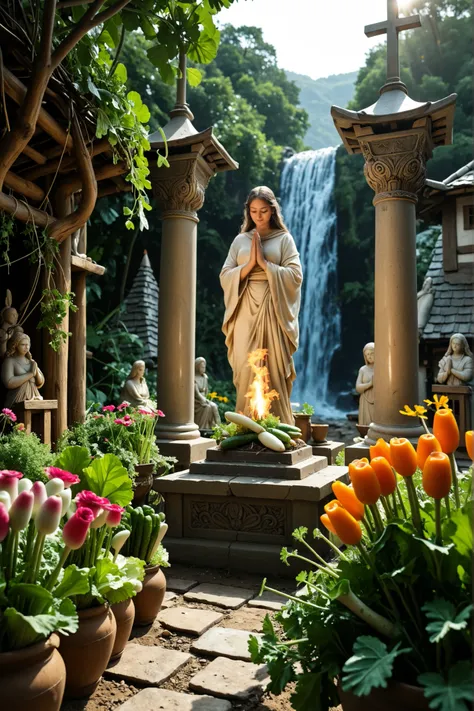 ((Radish Village, a statue of a radish in the center of the square)), Around the statue of the radish, beautiful women from the village who worship the radish as a god are praying, torches are burning, in the background is a lush jungle and a magnificent w...