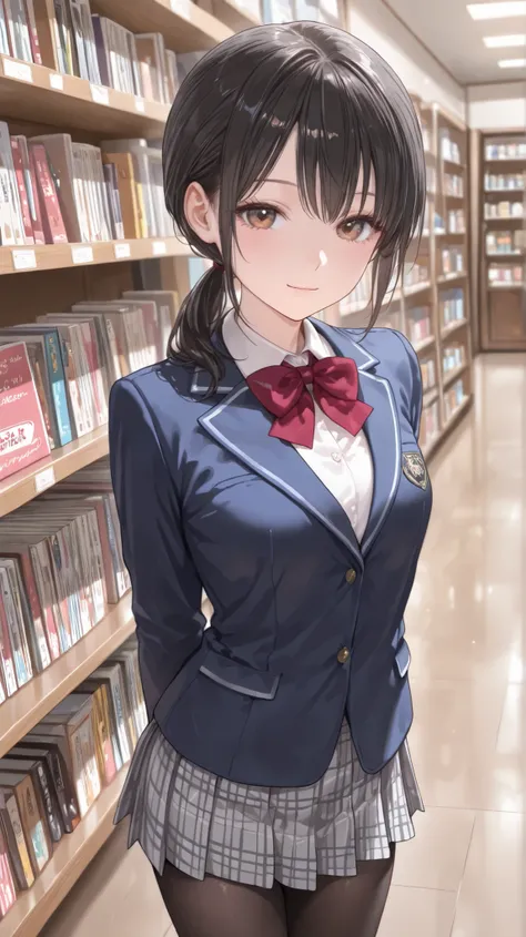 (cowboy shot),(looking at view),(arms behind back),standing,(petite:1.4),(skinny),1girl, solo, black hair,middle hair,(low ponytail),(light smile),brown eyes,standing, kawaii,bookstore ,(medium breast:1.2),(school uniform),(blazer), classic style with whit...