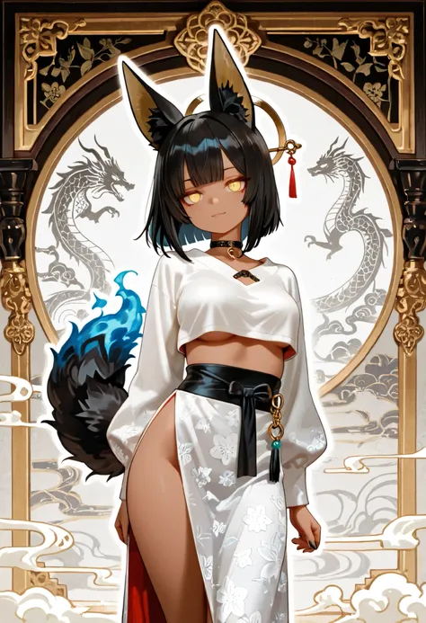 1girl, yellow eyes, jitome, black long stright hair, long bob hair, straight bangs, medium Breast, white clothes, jackal tail, cropped top, anubis girl, slit skirt, flower pattern, Choker, bare legs, black nail polish, slender body, tall girl, masterpiece,...