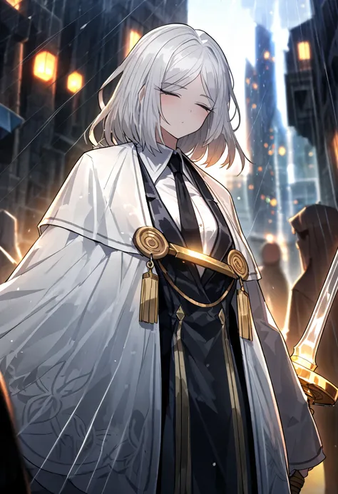 1 person, girl, womanhood, Silver Hair, unruly hair,  bangs, index finger messenger costume, black tie, white shirt,  blazer ，White cloak, Close your eyes, Closeup,  solo, high resolution, Masterpiece,  detailed, outdoor,rain，loose fit costume, Leisure ，Fa...