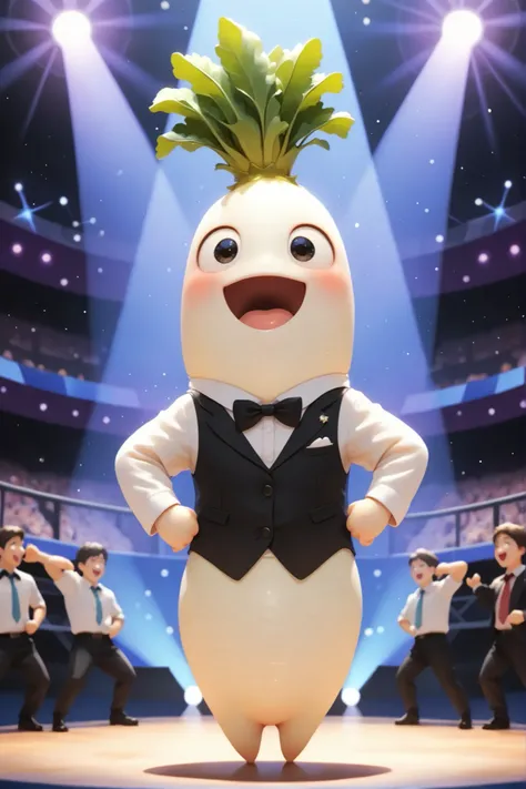 Score_9,score_8_up,score_7_up,score_6_up, Masterpiece, ,best quality ,amazing quality, very aesthetic, absurdres, newest, extremely detailed, toon, daikon, a group of anthropomorphic Daikon posing as an asian boyband, dressed in performance attire, perform...