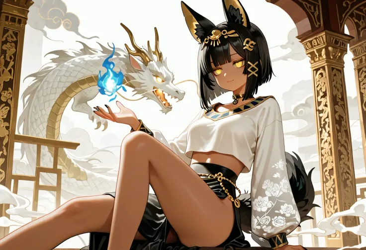 1girl, yellow eyes, jitome, black long stright hair, long bob hair, straight bangs, medium Breast, white clothes, jackal tail, cropped top, white anubis girl, slit skirt, flower pattern, Choker, bare legs, black nail polish, slender body, tall girl, master...