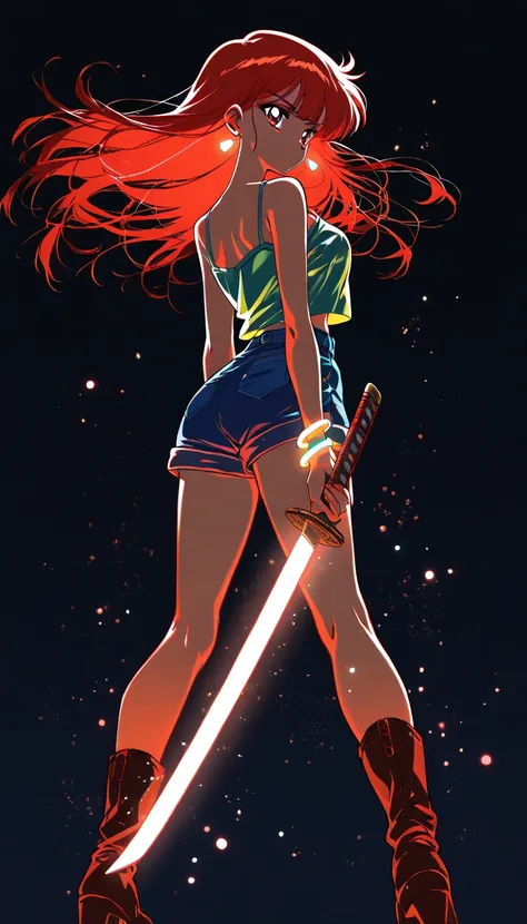 (beautiful girl : 1.3),1 girl,(camisole,bracelet,earrings,boots),colorfulな髪,long hair,No expression,back,limited palette,black background,colorful,vibrant,Shining Contours,neon,black light,Martial arts poses,holding a Japanese sword,Glowing particles,(90s Anime Style,Cel animation,Retro Color Grading,Soft noise,light film grain),masterpiece,top quality,Rich Contrasts,High Definition,8k,high definition CG unit wallpaper,Textures,unbelievably absurd,RAW pictures,Deep Border 1 .2,very detailed